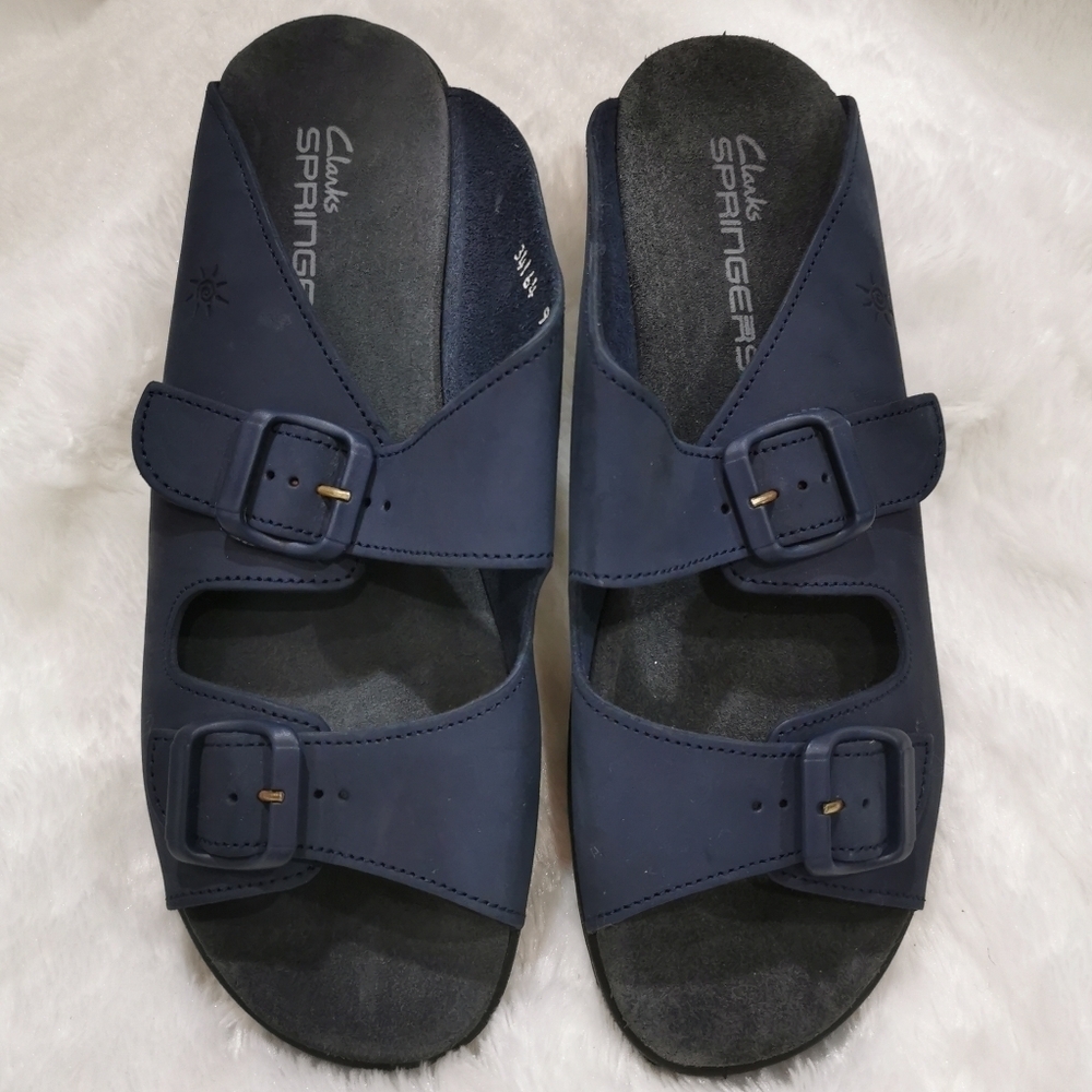 Clarks Navy Blue Double Buckle Slide Sandals